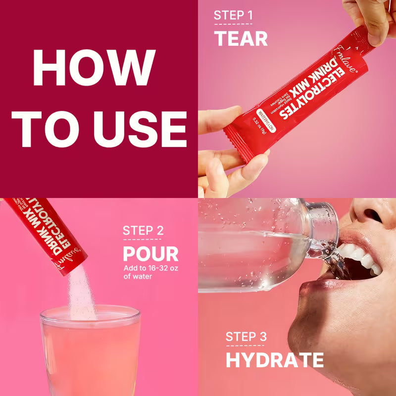Instructions on how to use a drink mix packet with steps shown and a person pouring it into water.