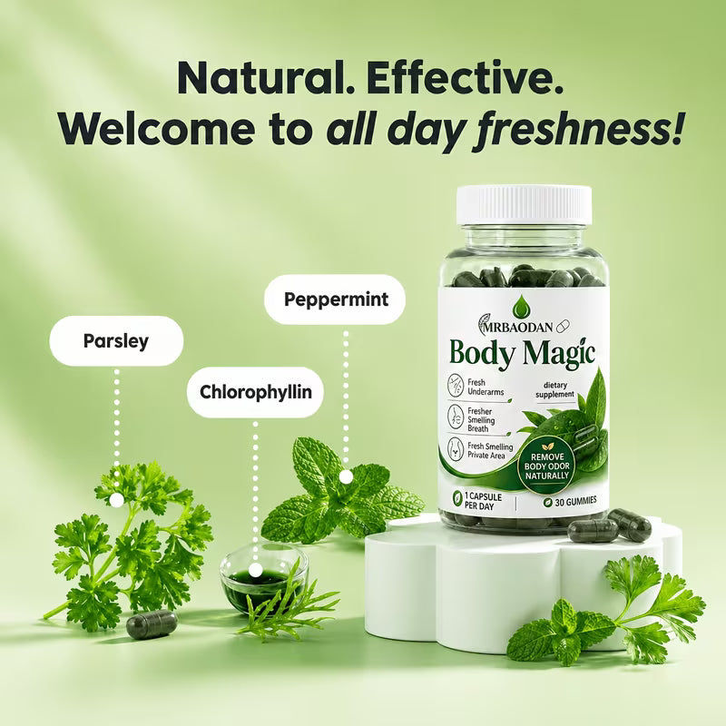 MirraDayn Body Magic dietary supplement bottle with green leaves and text on a light green background