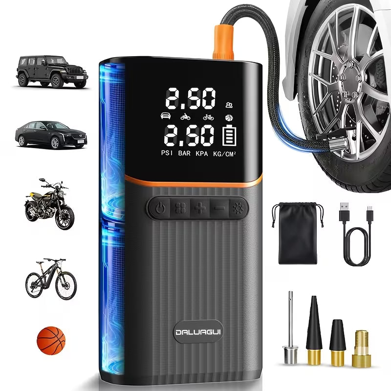 Portable air compressor with digital display and various attachments on a white background