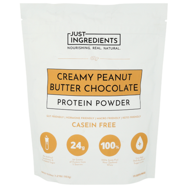 Protein powder package with 'Just Ingredients' branding on a white background