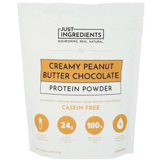 Protein powder package with 'Just Ingredients' branding on a white background