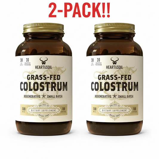 Bottle of Heart & Soil Grass-Fed Colostrum on a white background