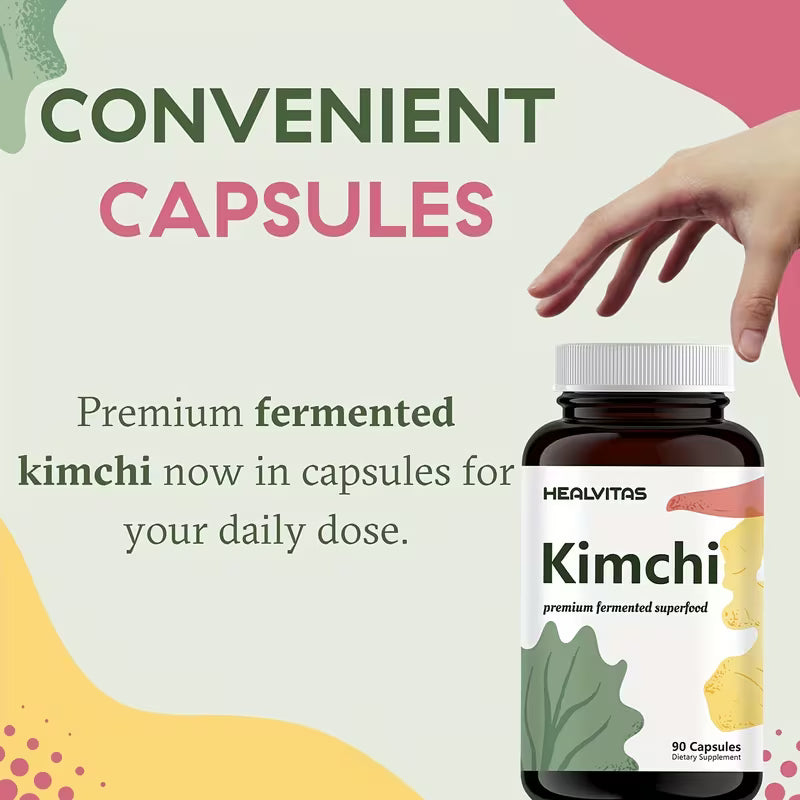 HEALVITAS Kimchi supplement bottle with hand reaching for it on a colorful background