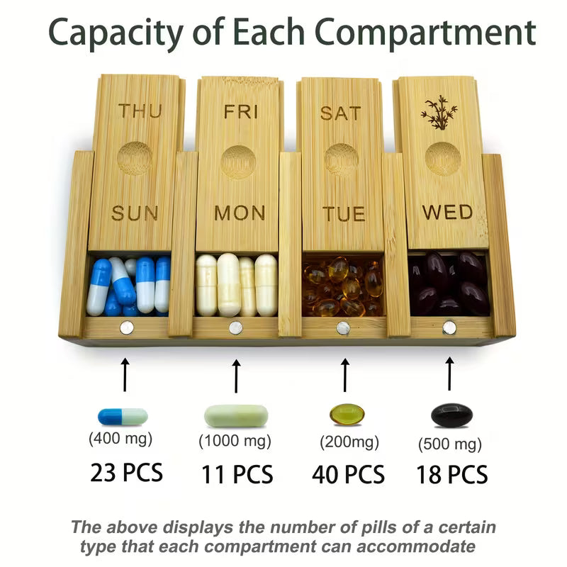7-Day Bamboo Pill Organizer – Arthritis-Friendly Weekly Pill Box Peaceful Pleasures