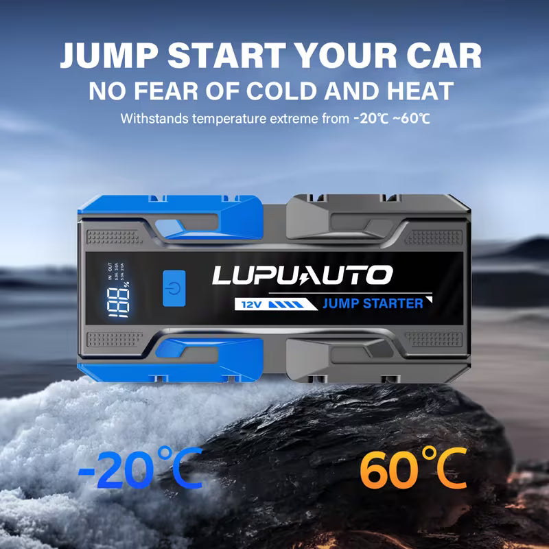 Lupuauto jump starter with temperature resistance features on a snowy and hot background