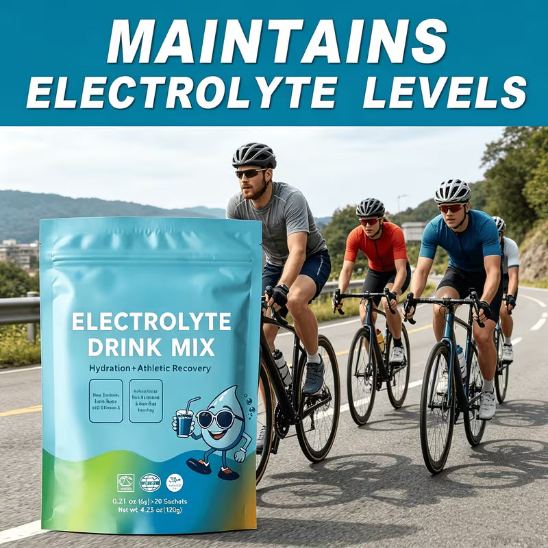 Electrolyte drink mix package with cyclists on a road