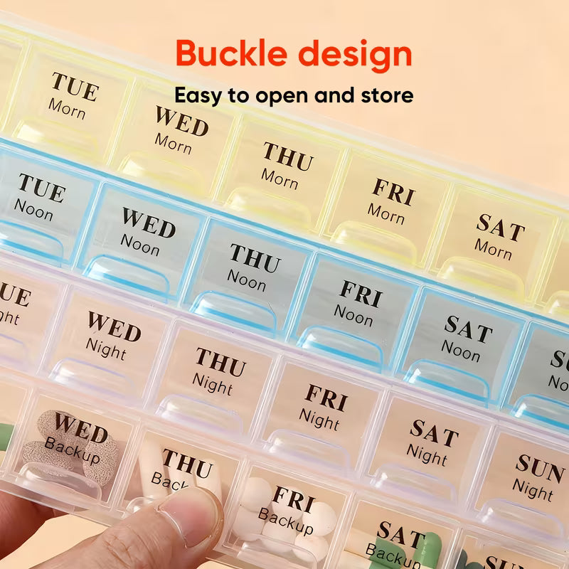 Multiday pill organizer with labeled compartments for easy medication management.
