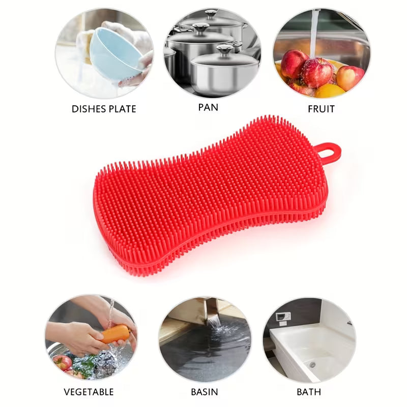 Red silicone scrubber with cleaning applications shown above it on a white background