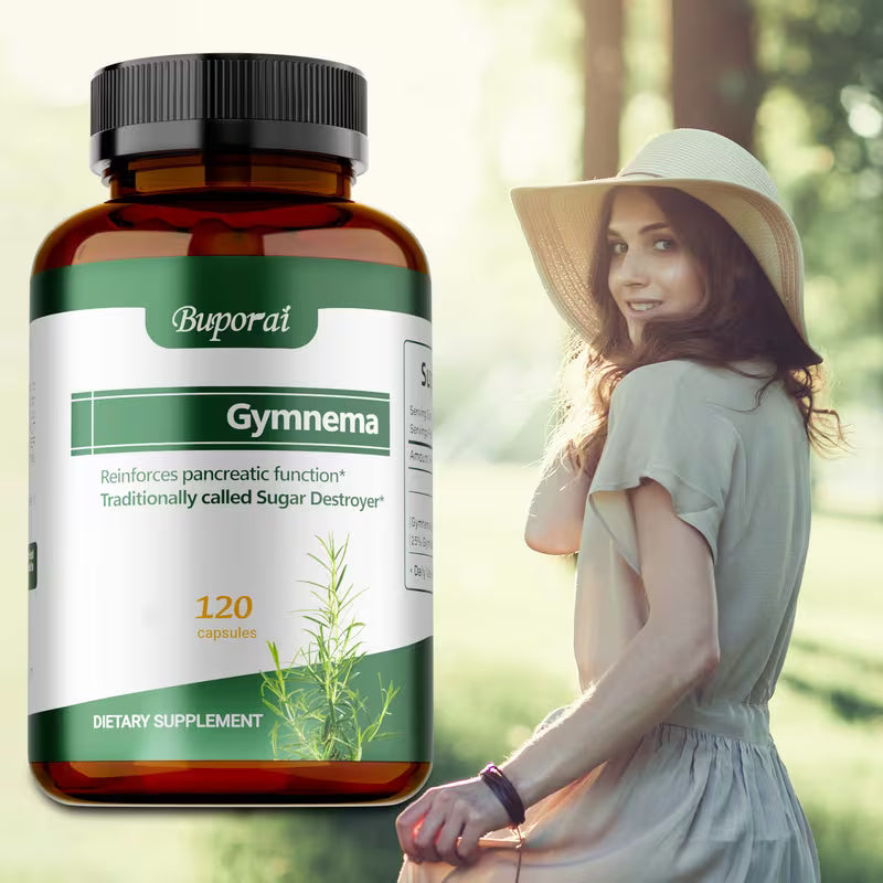 Buporai Gymnema supplement bottle with a blurred background of a woman in a dress outdoors.