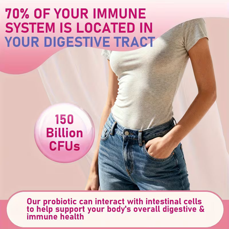 Person wearing a white shirt and blue jeans with text about probiotics and immune system health on a pink background.