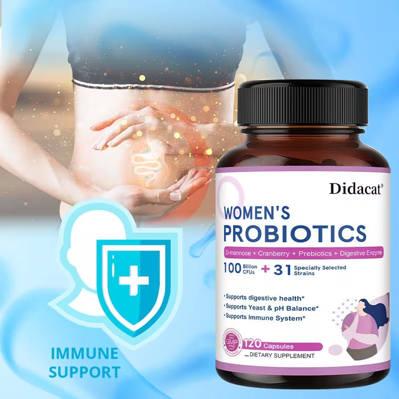 Bottle of Didacat Women's Probiotics with immune support text on a blue background