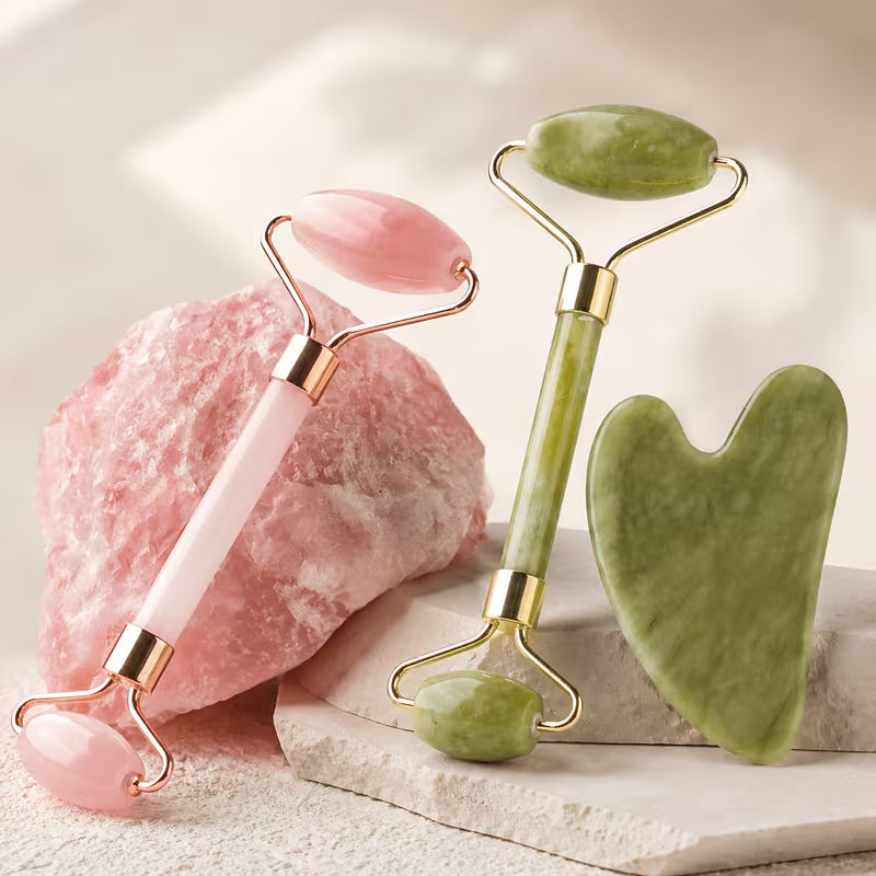 Pink & Green Gua Sha Facial Roller Set – Manual Massager Peaceful Pleasures