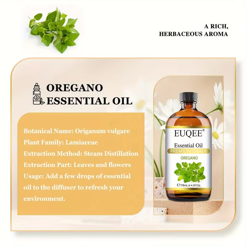 EUQEE Oregano essential oil bottle with product details on a decorative background