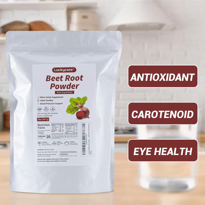 Beet root powder package with health benefits text on a kitchen background