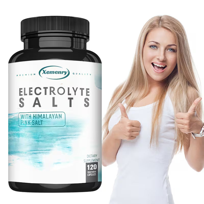 Bottle of Xemenry Electrolyte Salts with a woman giving a thumbs-up on a white background