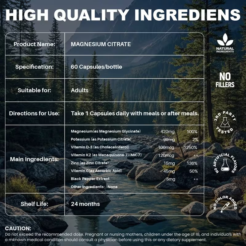 Product label for magnesium citrate supplement with mountain and forest background