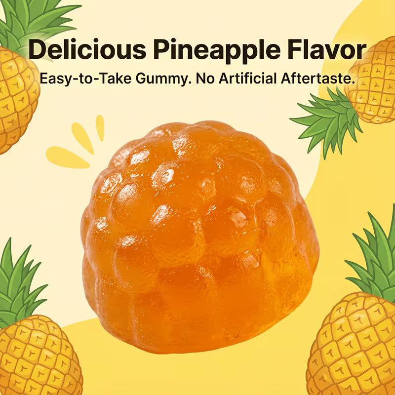 Gummy with pineapple flavor surrounded by pineapple illustrations on a yellow background