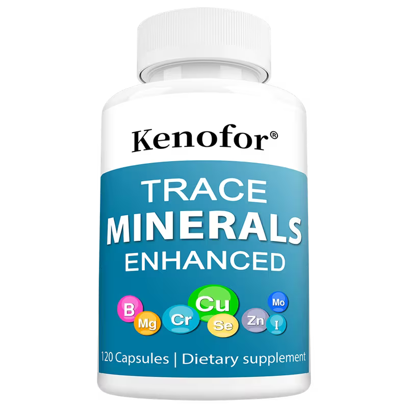 Kenofor Trace Minerals Enhanced dietary supplement bottle on a white background