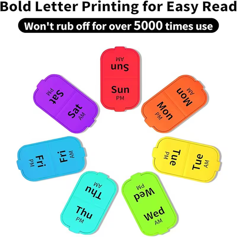 Colorful day-of-the-week and time indicators with text on a white background