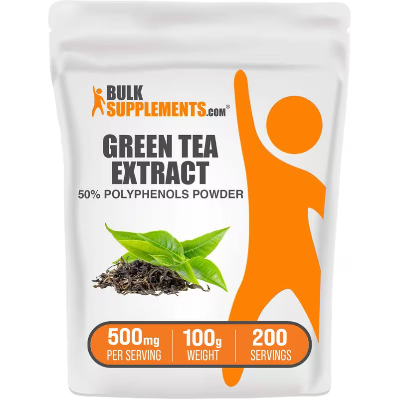 Package of Bulk Supplements Green Tea Extract powder with a person icon and tea leaves on a white background