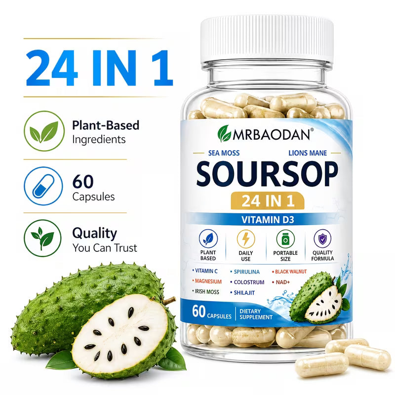 Supplement bottle labeled 'Soursop' with capsules and a soursop fruit on a white background