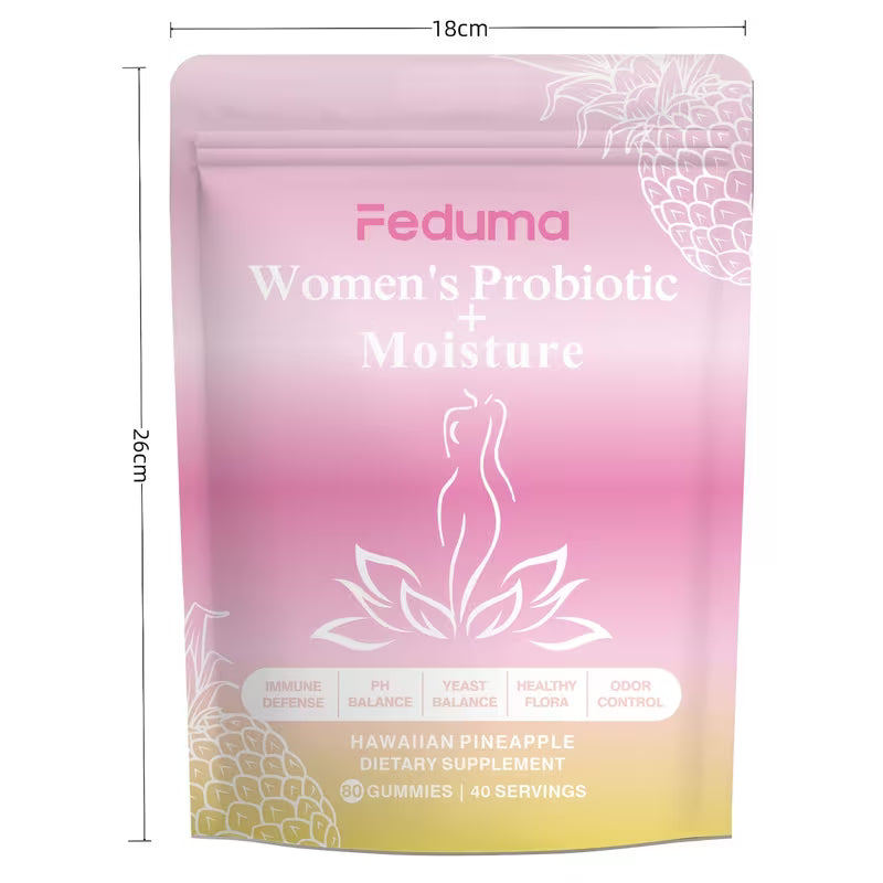 Feduma Women's Probiotic + Moisture dietary supplement package with dimensions on a white background