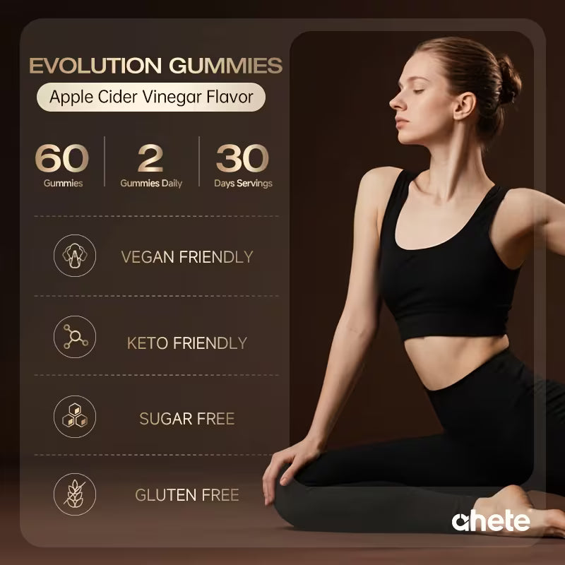 Woman in black athletic wear sitting on the floor with Evolution Gummies product information on the side.