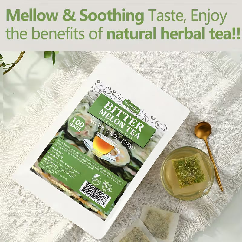 Bitter melon tea package with a cup of tea and spoon on a textured white surface.