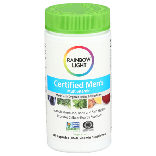 Rainbow Light Certified Men's Multivitamin bottle with green cap on a white background