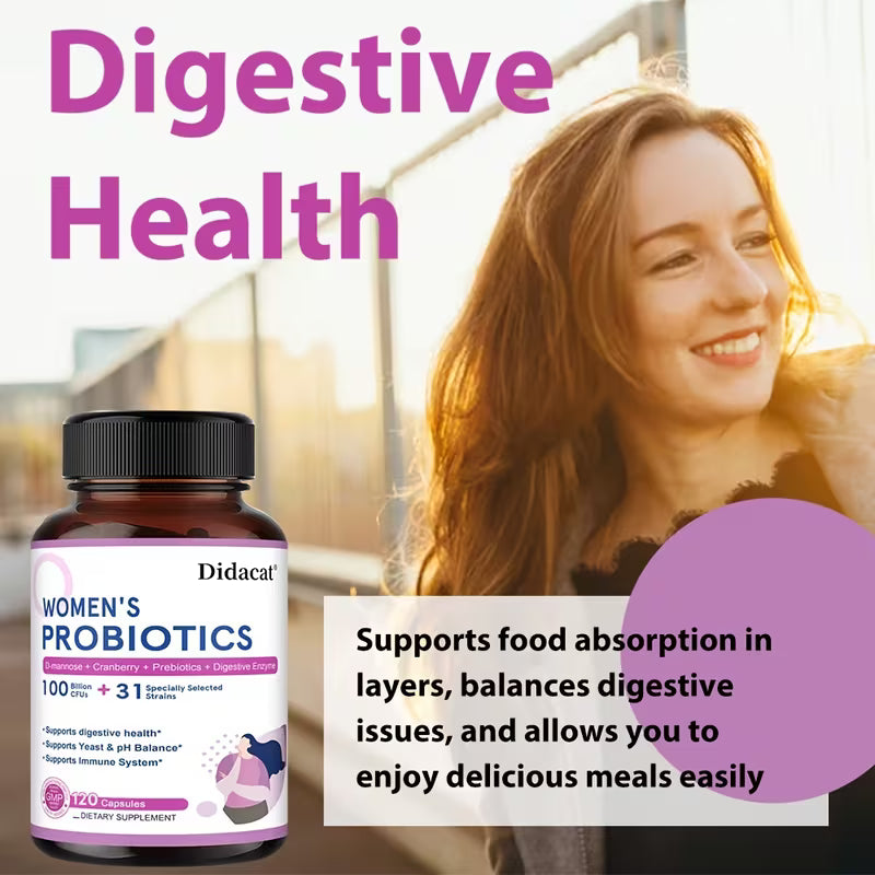 Didacat Women's Probiotics bottle with a woman smiling outdoors, promoting digestive health.
