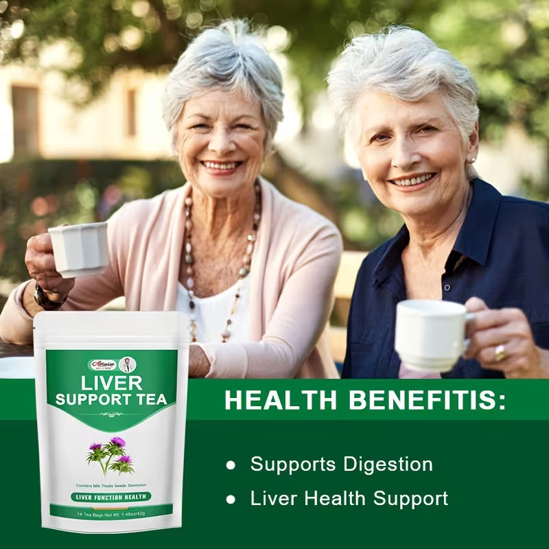 Two elderly women enjoying a cup of tea outdoors with a product labeled 'Liver Support Tea' displayed.