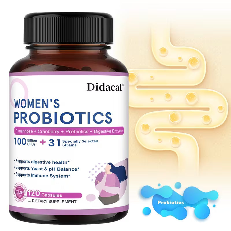 Bottle of Didacat Women's Probiotics with a digestive system illustration on a beige background