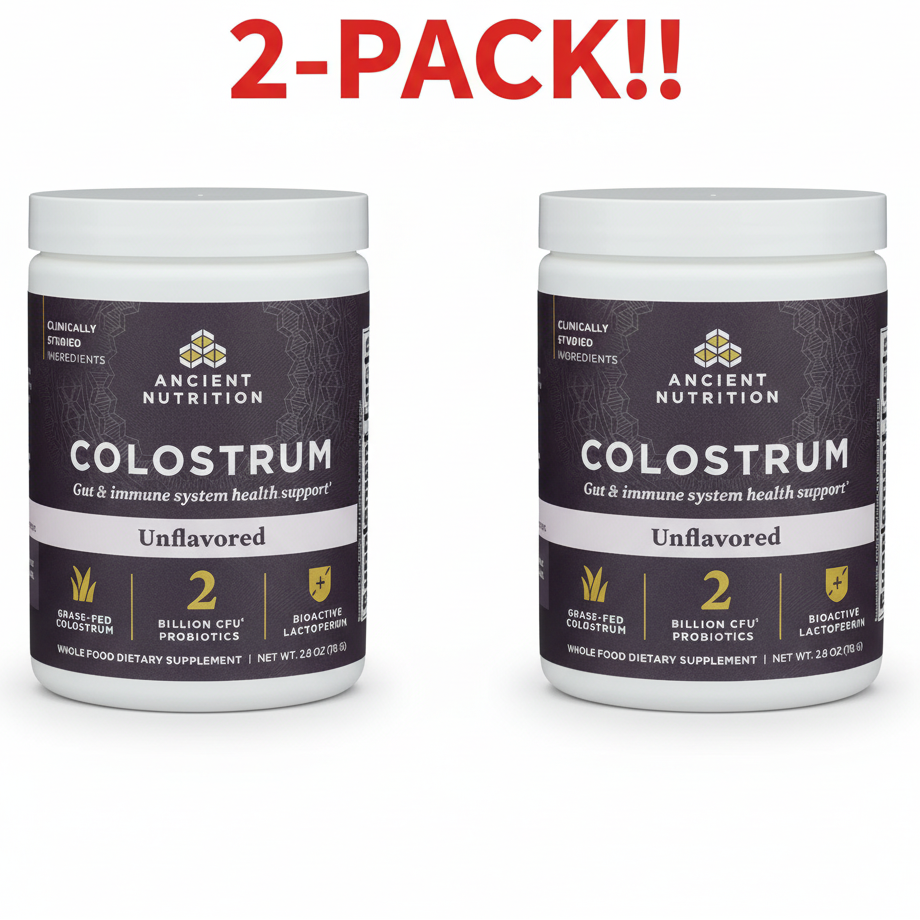 Two containers of Ancient Nutrition Unflavored Colostrum Powder (2.8 oz each) displayed together, highlighting the 2-Pack value.