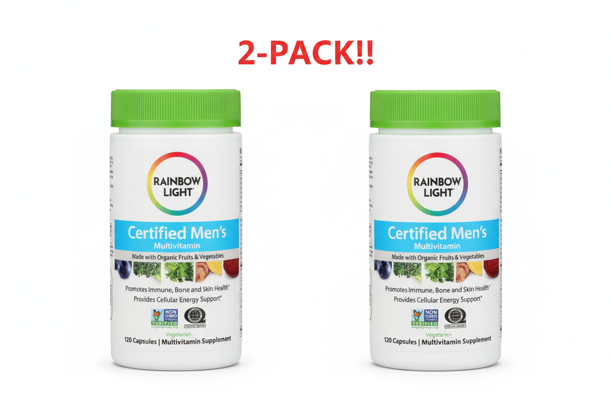 Two bottles of Rainbow Light Certified Men's Multivitamin on a white background with '2-Pack!' text above.