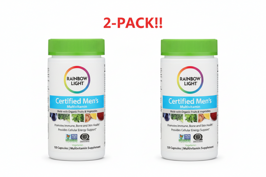 Two bottles of Rainbow Light Certified Men's Multivitamin on a white background with '2-Pack!' text above.