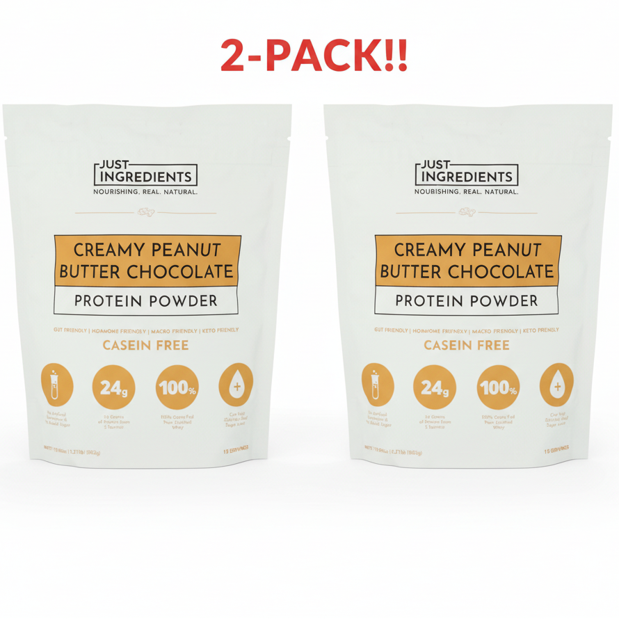 Two packages of Just Ingredients Creamy Peanut Butter Chocolate Protein Powder on a white background.