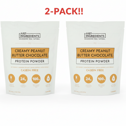 Two packages of Just Ingredients Creamy Peanut Butter Chocolate Protein Powder on a white background.