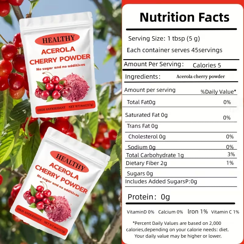 Acerola cherry powder packages with a nutrition facts label against a background of cherry trees.