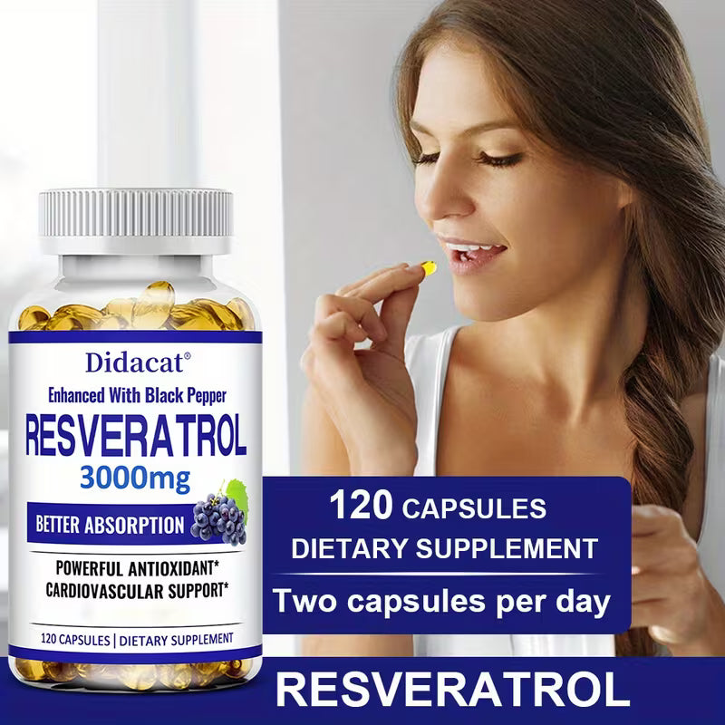 Didacat Resveratrol supplement bottle with a woman taking a capsule.