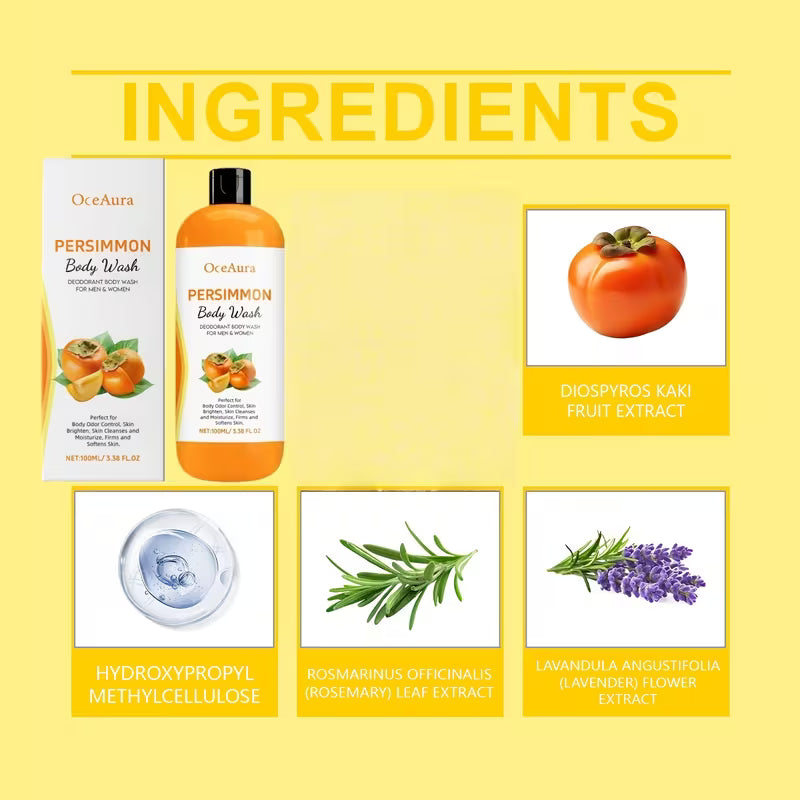 OceAura Persimmon Body Wash with ingredients displayed on a yellow background