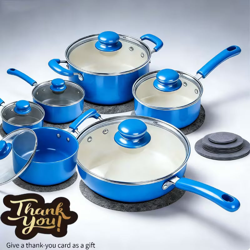 Set of blue cookware with white interior lids on a gray background, featuring a 'Thank You!' card.