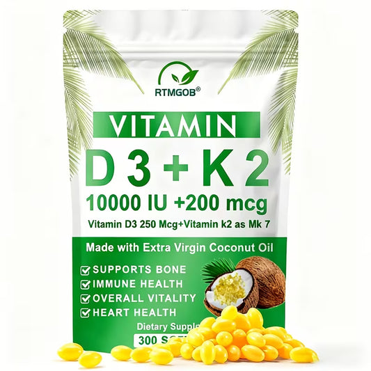 Vitamin K2 D3 Supplement 300 Softgels | 10,000 IU D3 + K2 Peaceful Pleasures