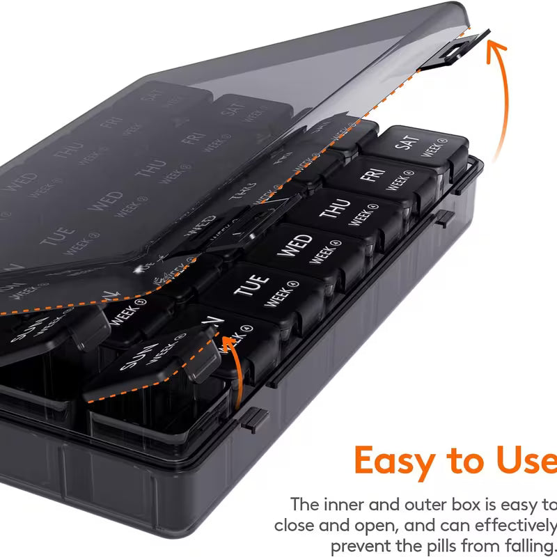 Black pill organizer with labeled compartments on a white background