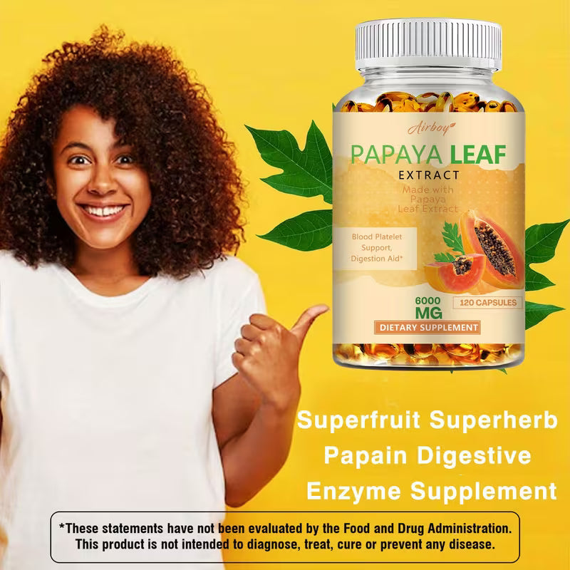 Woman giving a thumbs up next to a bottle of papaya leaf extract supplement on a yellow background