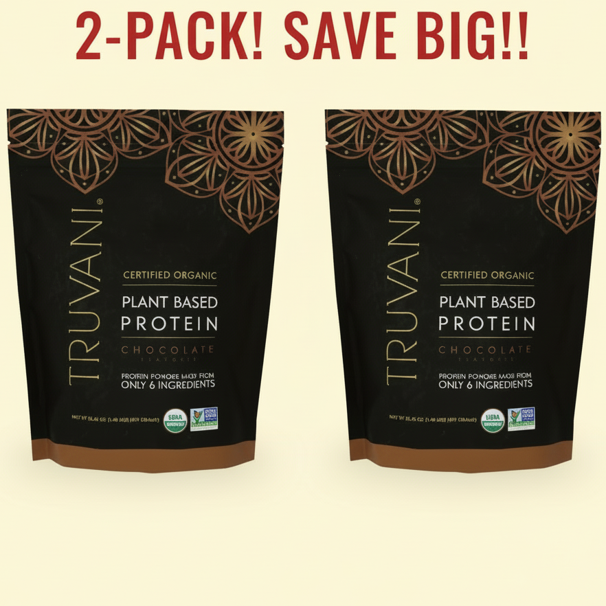 Two bags of Truvani Organic Chocolate Plant-Based Protein Powder, 24.76 oz each, clearly displaying the 'Lot of TWO' offer and the product branding.