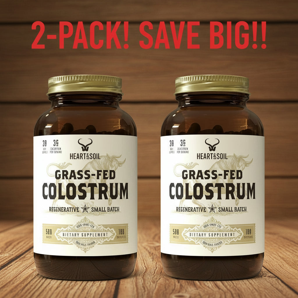 Two HEART & SOIL 100% Grass-Fed Colostrum supplement bottles shown together, labeling the product as a 2-Pack Bundle with 360 capsules total.