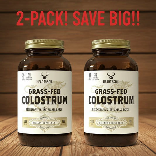 Two HEART & SOIL 100% Grass-Fed Colostrum supplement bottles shown together, labeling the product as a 2-Pack Bundle with 360 capsules total.