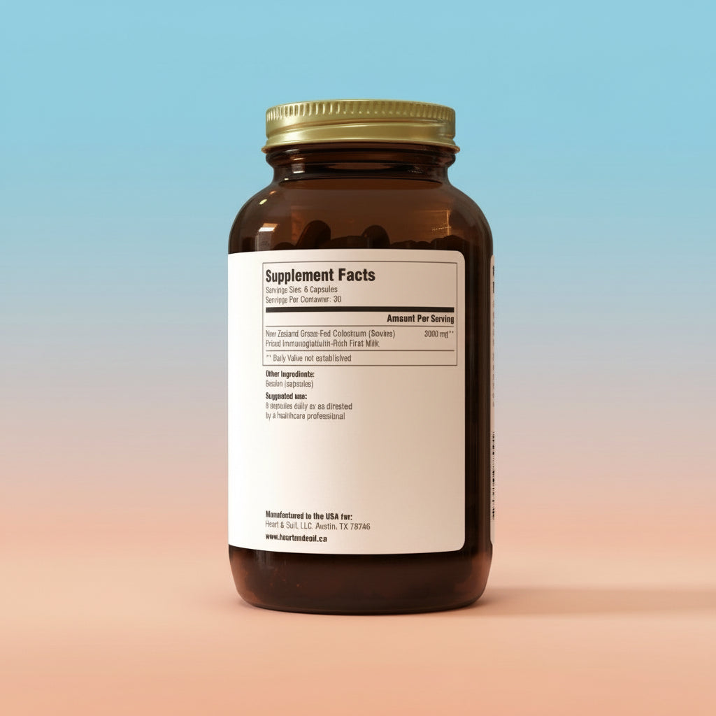 Detailed image of the supplement facts panel for the single bottle (3000mg Colostrum, 180-capsule count), with text noting the purchase is for two bottles