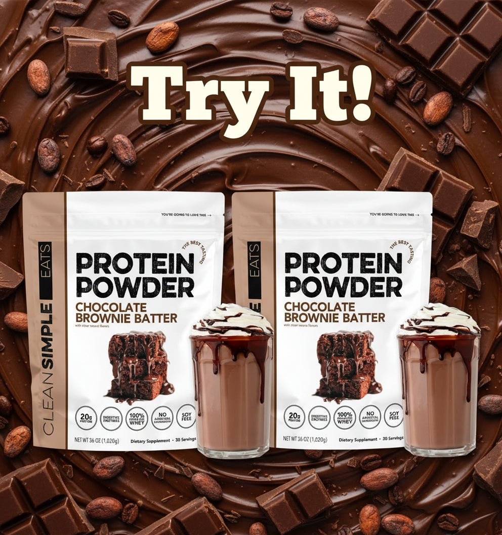 Protein powder package with a glass of chocolate brownie batter shake on a white background