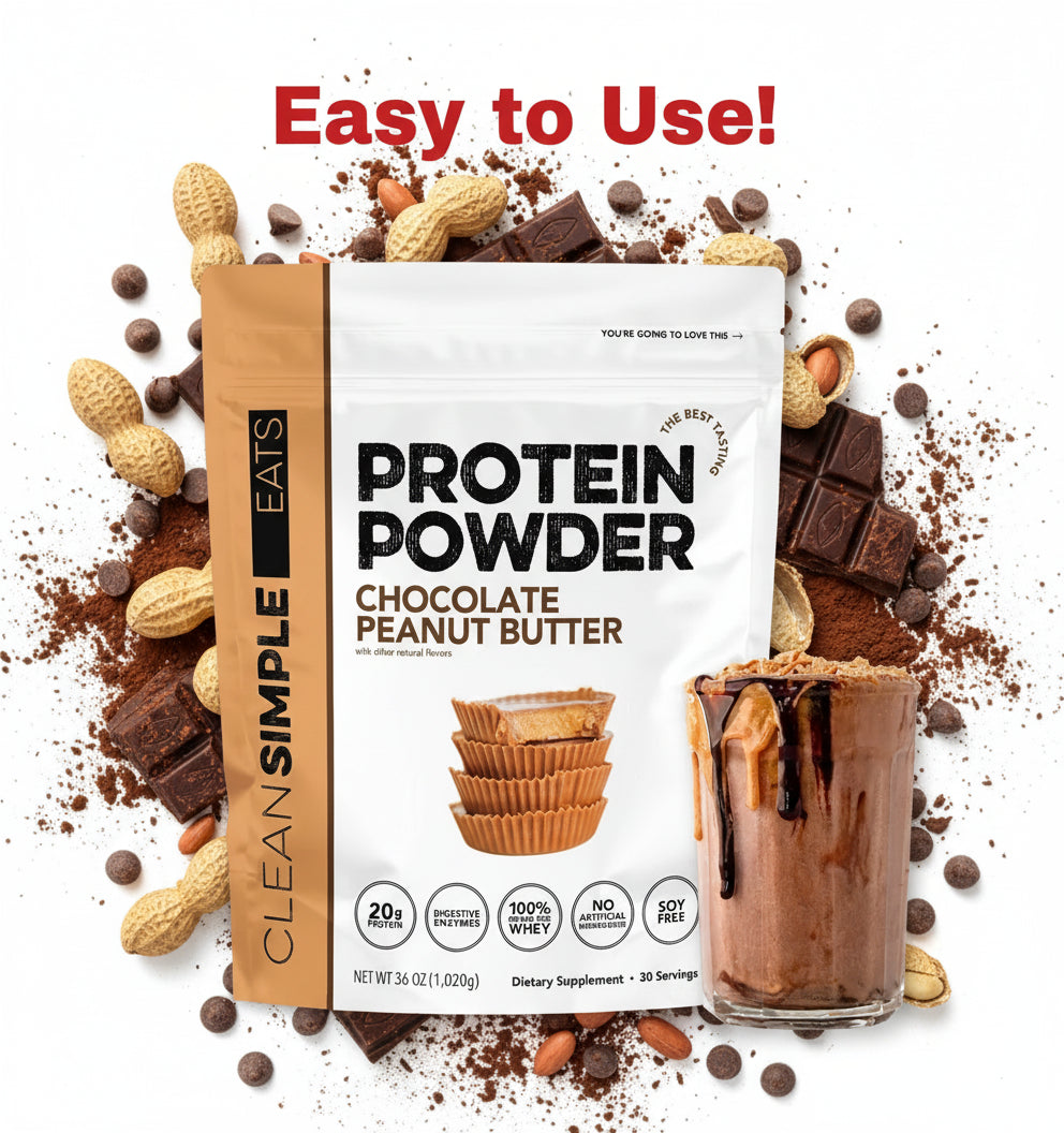 Protein powder package with a glass of chocolate peanut butter protein shake.